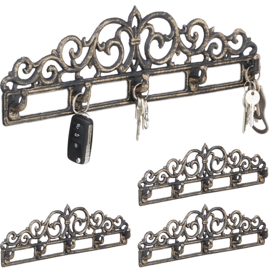 Relaxdays - Set of 4 Cast Iron Wall Coat Racks, 5 Hooks, Antique Cottage-Style, for Keys, HxWxD: 13.5 x 42 x 4 cm, Bronze