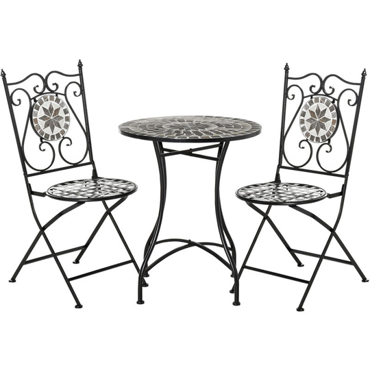 3 Pcs Mosaic Tile Garden Bistro Set Outdoor w/ Table 2 Folding Chairs - Grey - Outsunny