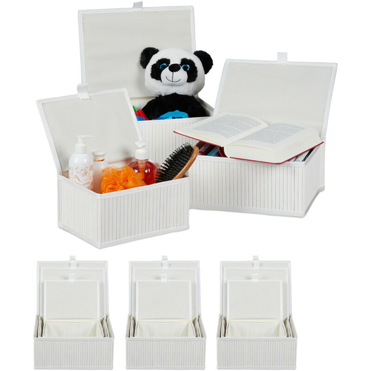 4 Sets of 3 Bamboo Storage Baskets with Lid, Decorative Organiser, Dust-free & Moisture-resistant, White - Relaxdays