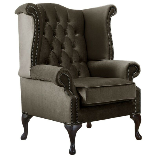 Chesterfield Queen Anne High Back Wing Chair Mushroom Brown Velvet Fabric