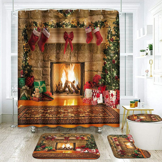 Ilovemilan - 4 Piece Shower Curtain Sets, Merry Christmas Happy Holidays Abstract with Non-Slip Rugs, Toilet Lid Cover and Bath Mat, Durable and