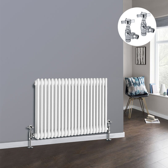 White 3 Column Traditional Cast Iron Style Radiator with Chrome Angled Cross Head Manual Valves Horizontal 600x1012mm