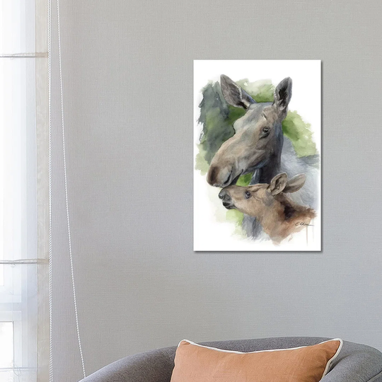 Mother and Baby Moose by Watercolor Luv - Wrapped Canvas Painting