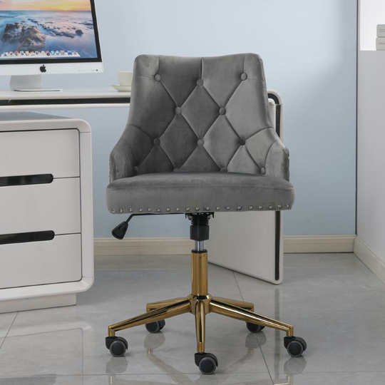 Velvet Upholstered Office Chair Desk Chair Button Tufted Swivel Chair Armchair in Grey - grey