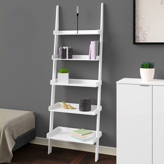 Standing Shelf Ladder 180cm White 5 Tier Modern Wood Staircase Bookcase Bathroom Step Shelves Storage Leaning - Casaria