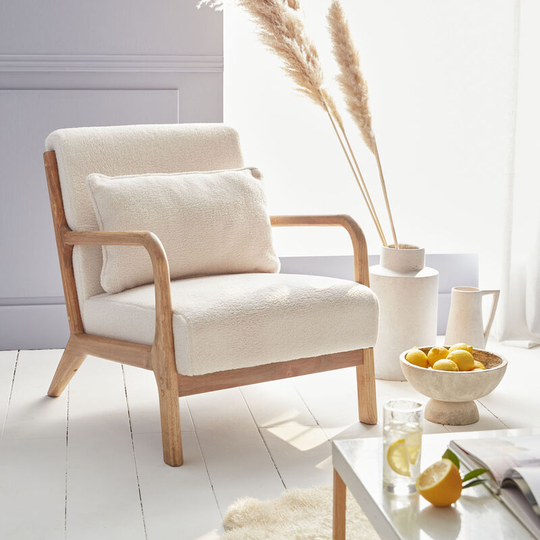 Cosy boucle white wooden armchair with scandi-style compass legs and cushion - White