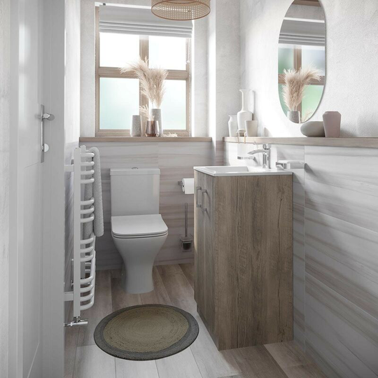 Lea oak floorstanding vanity unit 420mm and Derwent square close coupled toilet suite - Oak - Orchard