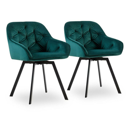 2 x Dining Chairs, Velvet Thick Padded 360°Swivel Armchair with Backrest and Metal Legs, Green