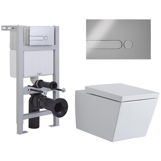 Milano - Dalton - White Ceramic Modern Bathroom Wall Hung Square Toilet wc with Short Wall Frame Cistern and Dot Chrome Flush Plate