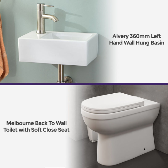 Neshome - Melbourne Ceramic Round Back To Wall Pan & Toilet Seat Wall Hung Basin Left Hand