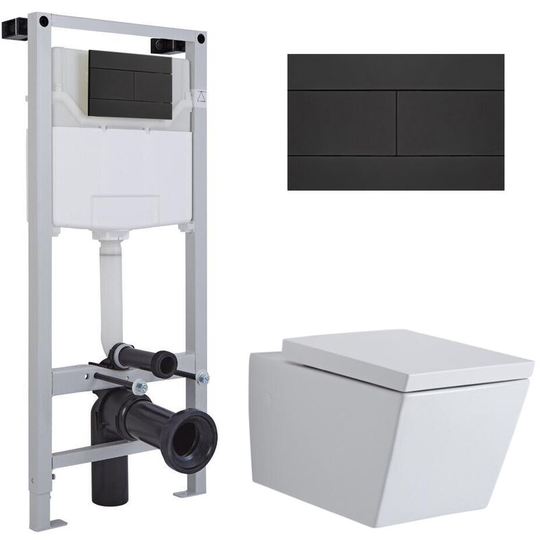 Milano - Dalton - White Ceramic Modern Bathroom Wall Hung Square Toilet wc with Tall Wall Frame Cistern and Black Flush Plate