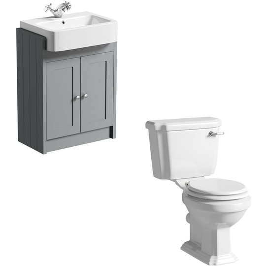 Dulwich close coupled toilet with white seat and stone grey vanity unit suite 600mm - Orchard