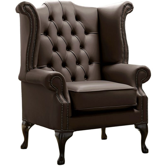 Chesterfield Queen Anne High Back Wing Chair Shelly Dark Chocolate Leather