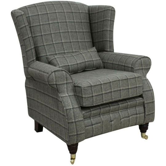 Arnold Wool Tweed Wing Chair Fireside High Back Armchair Harewood Graphite Check Fabric