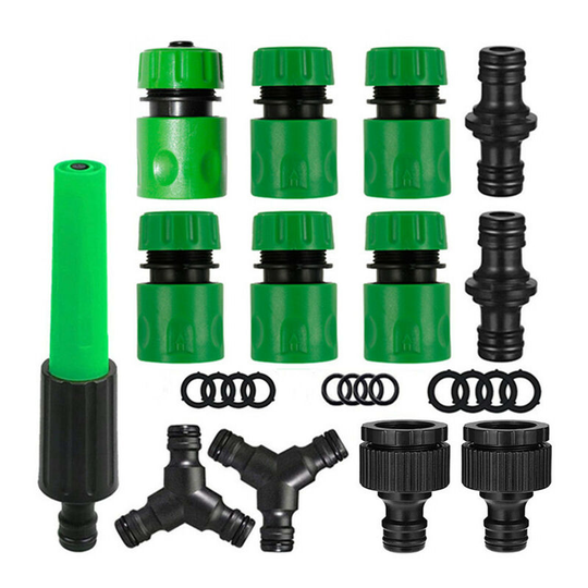 Tap connectors to connect a garden hose. (Plastic spray gun * 1, fast water connection 1/2 * 6, tap connector 3/4 -1/2 * 2, 1/2 Crossing right * 2,