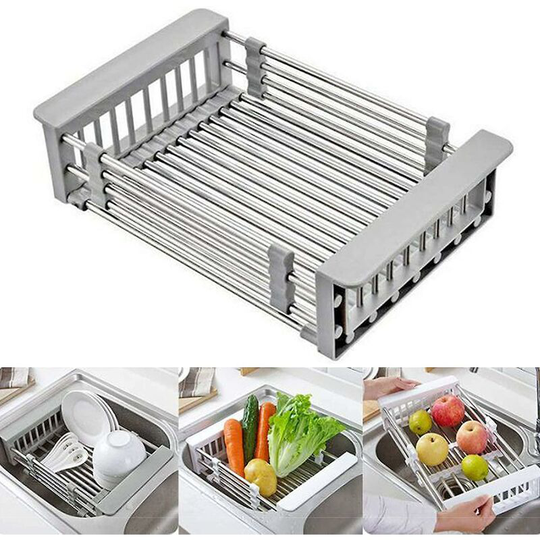Retractable stainless steel sink filter drain, retractable drain basket (with adjustable handrails), kitchen rack drain basket, drying of dishes