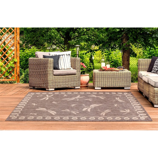Terrace Dragonfly Outdoor Rug Bordered Flatweave Bordeaux Red, Terracotta, Blue, Gold, Teal And Natural Carpet Mat (Taupe/Natural, 60X120 Cm)