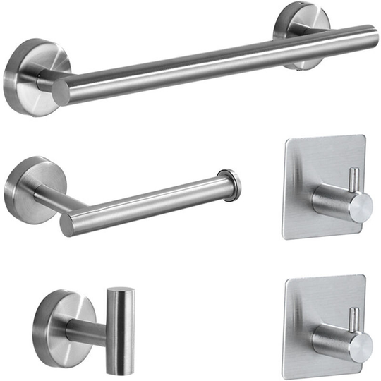 5PCS Bathroom Hardware Set Towel Bar Toilet Paper Holder 3 Hooks Stainless Steel Wall Mounted Drilling Towel Holder, Silver - Silver