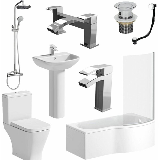 Complete Bathroom Suite p Shape rh Bath Panel Screen Basin wc Shower Taps Set - White