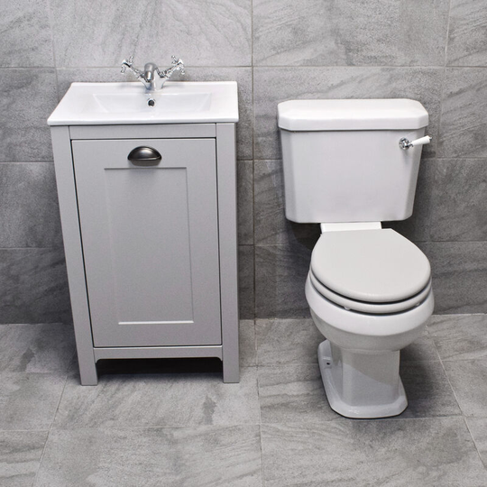 Derby Traditional Light or Dark Grey Vanity Unit + Carlton Toilet Set + wc Seat, Light Grey Oak-No Tap & Waste