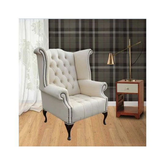 Chesterfield Buttoned Queen Anne High Back Wing Chair Cottonseed Cream Leather