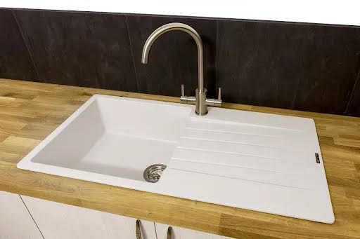 Reginox Harlem10 Pure White Granite Single Bowl Kitchen Sink with Genesis Brushed Nickel Mixer Tap
