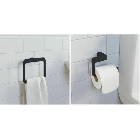 Bathroom wc Set Towel Ring Toilet Roll Holder Black Square Wall Mounted Stylish - Black