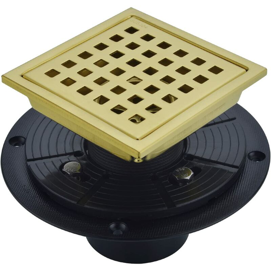 4 Inch Square Bathroom Shower Drain, Adjustable Shower Drain Base Flange, SUS 304 Stainless Steel Floor Drain, Brushed Gold