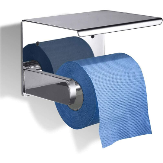 Industrial Toilet Paper Holder Wall Mounted Stainless Steel Toilet Roll Holder with Storage Platform for Bathroom Silver Round Tube
