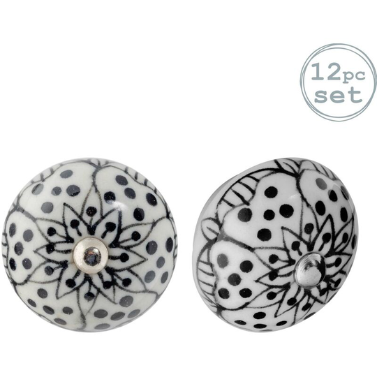 Round Ceramic Cabinet Knobs - White Rose - Pack of 12 - Nicola Spring