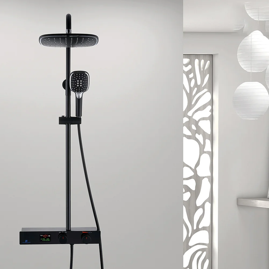 Schwarzes Duschsystem Mit LED-Temperaturanzeige, Duscharmatur Duschkopf, Duschsäule Mit Ablage, 3-Funktions-Duschset Duschzubehör