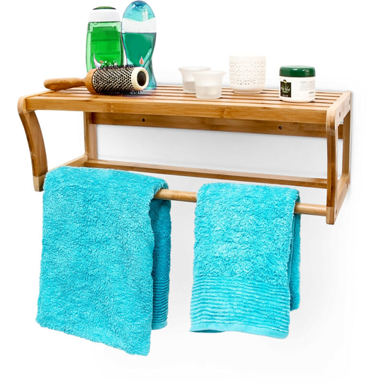 Bamboo Wall-Mounted Rack, 20 x 60 x 26 cm Bathroom Shelf with Towel Holder, Storage Solution, Natural Brown - Relaxdays