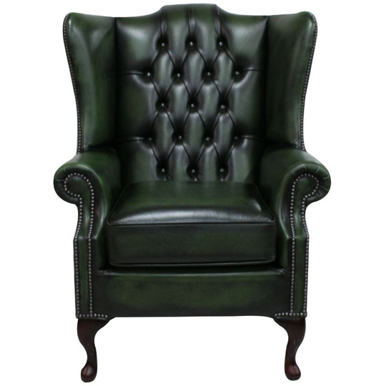 Designersofas4u - Chesterfield Prince's Mallory Flat Wing Queen Anne High Back Wing Chair uk Manufactured Antique Green Leather