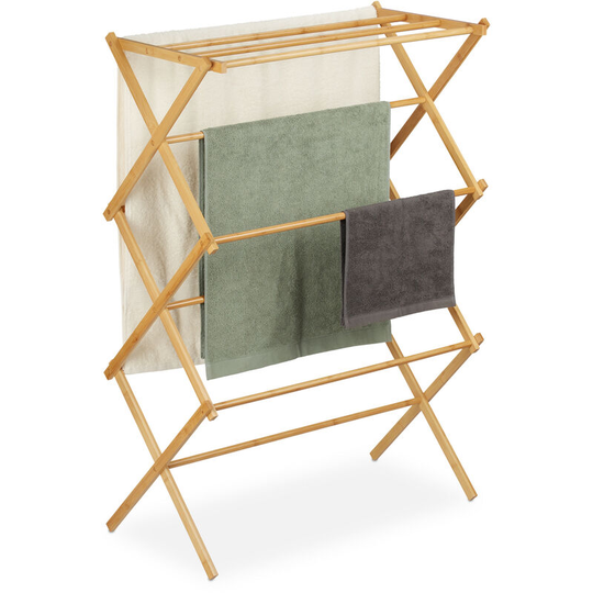 Relaxdays - Bamboo Foldable Drying Rack, Towel Holder, hwd: 106 x 74 x 36 cm, 11 Bars on 6 Levels, Clothes Stand, Natural