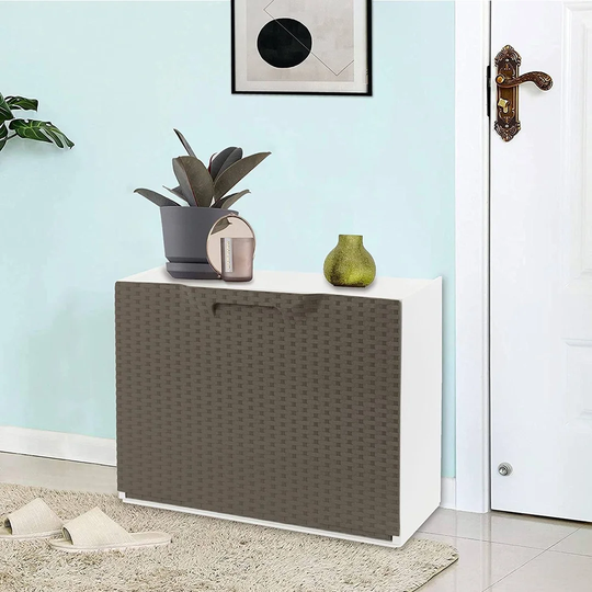 Shoe Cabinet With 1 Flap Door In Rattan-Effect Polypropylene, Modular Set For Indoor Or Outdoor Use, 100% Made In Italy, 51X18h40 Cm, Dove-Gray Color