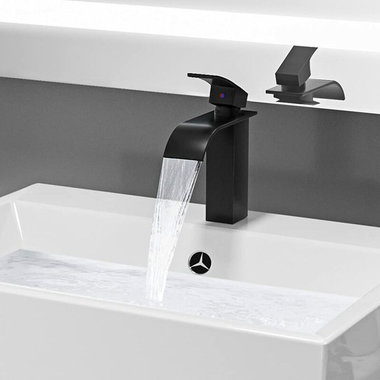 Waterfall Basin Mixer Tap with 114mm Spout Height, Black Bathroom Tap with Hot and Cold Water Available, Stylish Brass Basin Tap