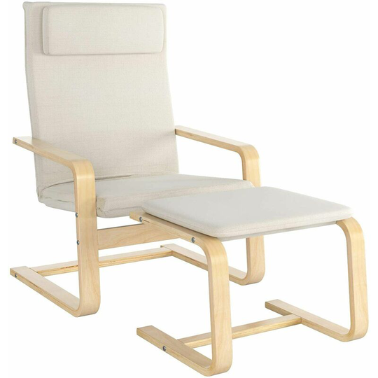 Recliner Chair with Footrest Solid Wood Rocking Chair Relaxing Lounge Chair Living Room Armchair with Removable Cushion Seat Creamy White - Homfa