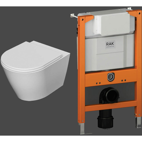 Rak Ceramics - rak Resort Rimless Hidden Fixations Wall Hung Toilet with Ecofix 820mm Toilet Frame - Slim Sandwich Soft Close Seat