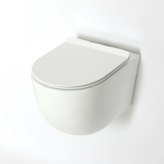 Milano - Overton - White Ceramic Modern Bathroom Wall Hung Round Rimless Toilet wc with Soft Close Seat