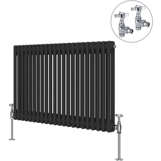 NRG - Black Traditional Cast Iron Style Radiator with Chrome Angled Cross Head Manual Valves Horizontal 2 Column 600x1010mm