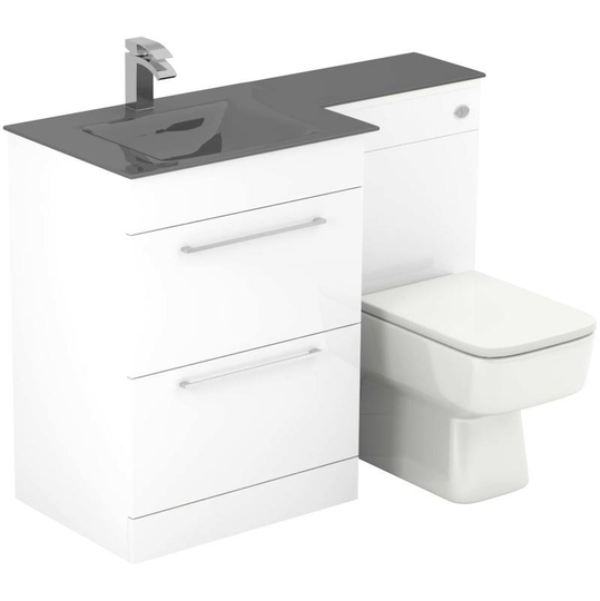 Wholesale Domestic - Venice Square Grey Glass 1100mm Left Hand 2 Drawer Gloss White Vanity Unit Toilet Suite - White