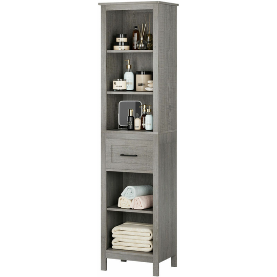 Furchen - Bathroom Tall Cabinet Grey Tallboy Freestanding Bathroom Cupboard with 5 Shelves and 1 Drawer 42x31x171cm