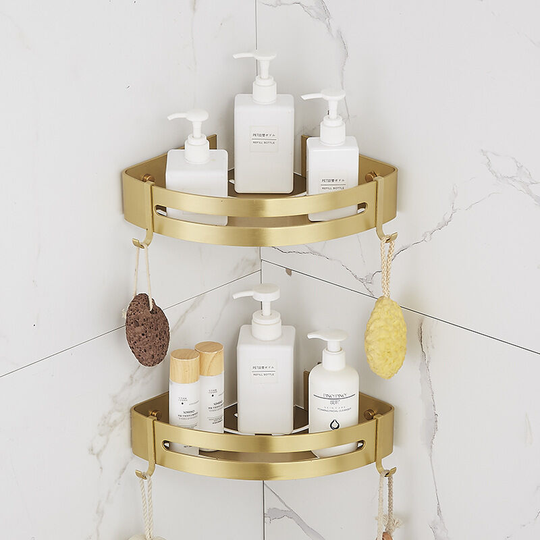 No Drilling Shower Shelf Corner Bathroom Shelf Bathroom Shelf With 4 Hooks Rustproof Metal Shower Storage Basket Adhesive Wall Shelf (Shiny Sand
