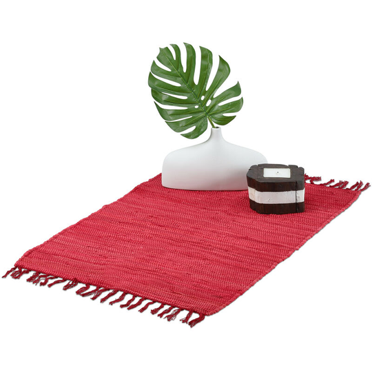 Flatweave rug, made of cotton, handmade, anti-slip, runner with tassels, floor rug, size 50 x 80 cm, red - Relaxdays