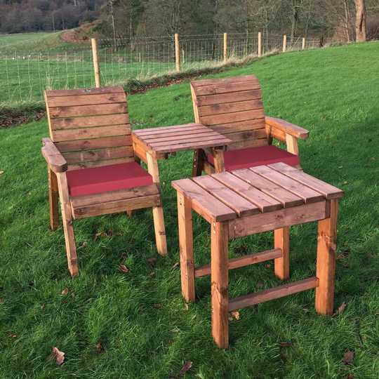 Charles Taylor Deluxe Wooden Garden 2x Armchair Chair & Coffee Table Red Cushion