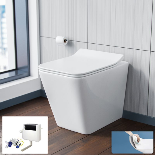 Neshome - Inton Round Back to Wall Rimless Toilet Pan With Soft Close Seat + wras Approved Concealed Cistern