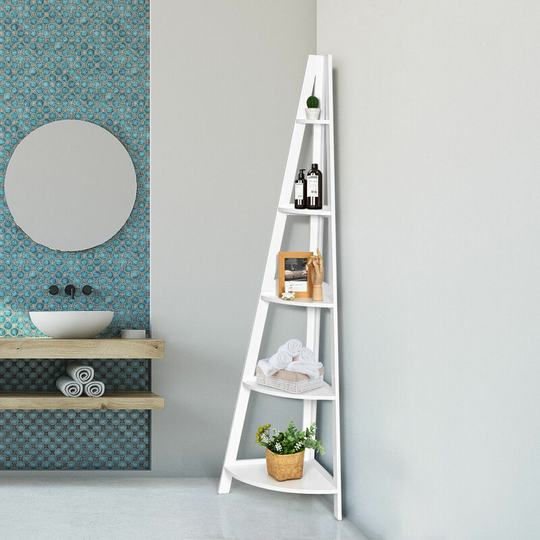 5-Tier Corner Storage Shelf Ladder Bookcase Modern Wooden Plant Stand Anti-tip