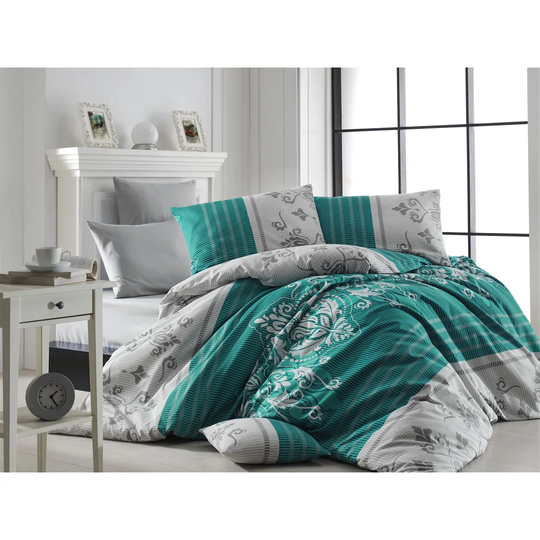 Burge White/Green/Grey 100% Cotton Duvet Cover Set
