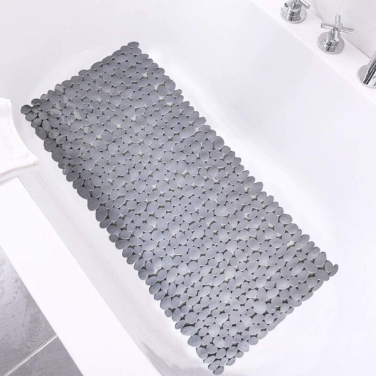 16*35In Non Slip Cobblestone Bath Shower Mat with Drain Holes, Suction Cups Mat, Grey