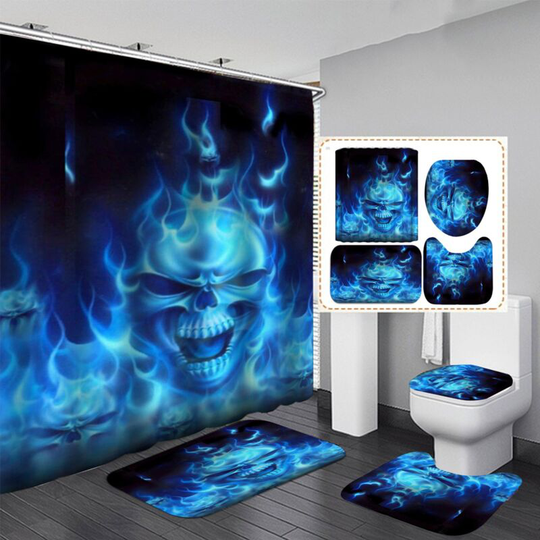 Ghost Fire Skull Halloween Shower Curtain Sets, Generic Halloween Bathroom Decor Set 71 inch x 71 inch - Shower Curtain with Mat, Toilet Lid Cover,